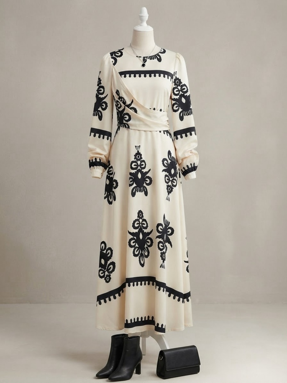 SHEIN Cream Maxi Dress with Black Floral Print long sleeve